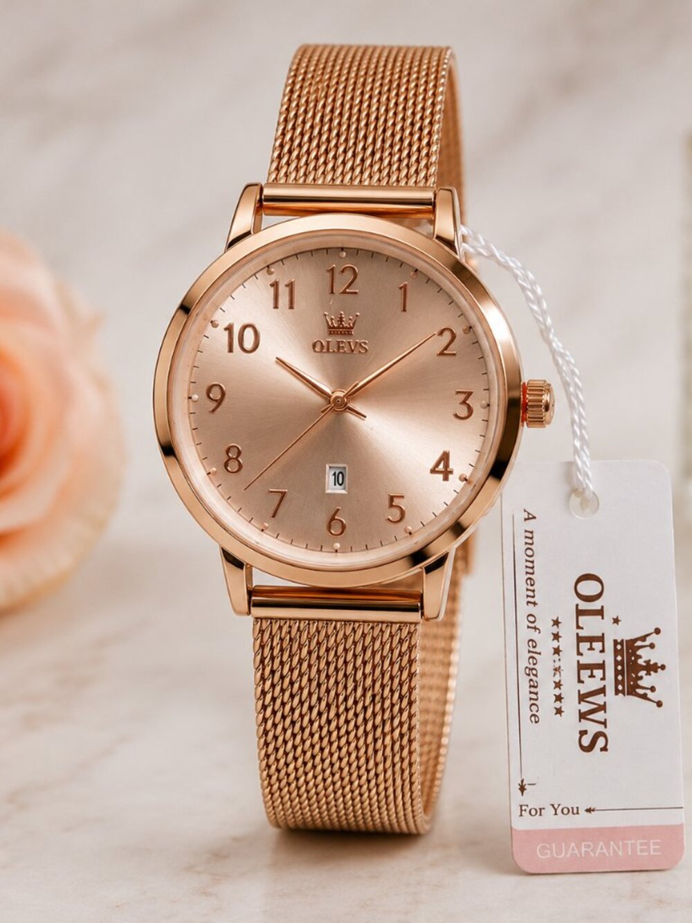 WA-16--OLEVS 5653 Ladies Rose Gold Quartz Watch Mesh Bracelet Date
